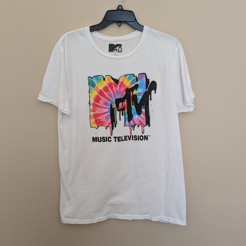 MTV music television tie dye on white t-shirt Large EUC